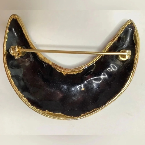 VINTAGE Half Moon Cloisonné Statement Brooch - Picture 5 of 10